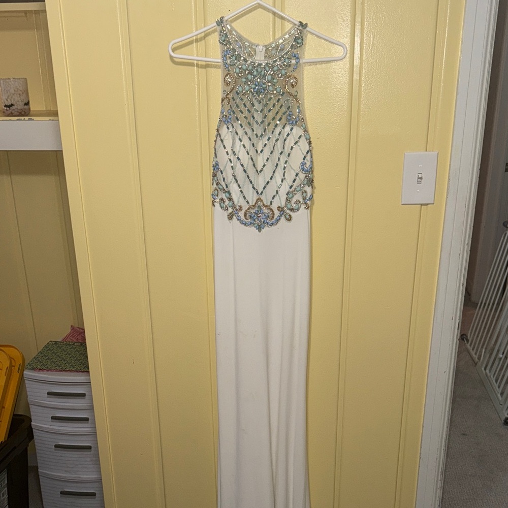 Chic White and Blue Beaded Prom Dress